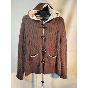 Cabela's Womens Brown Cable Knit Cardigan Sweater Size XL Sherpa Lined Comfy